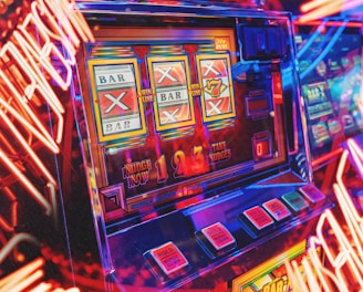 Bright and dynamic slot machine reels with flashing lights and jackpot symbols.
